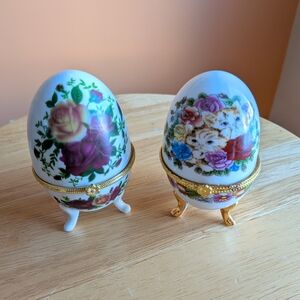 Floral Porcelain Egg Trinket Box Set Gold Accents 4”